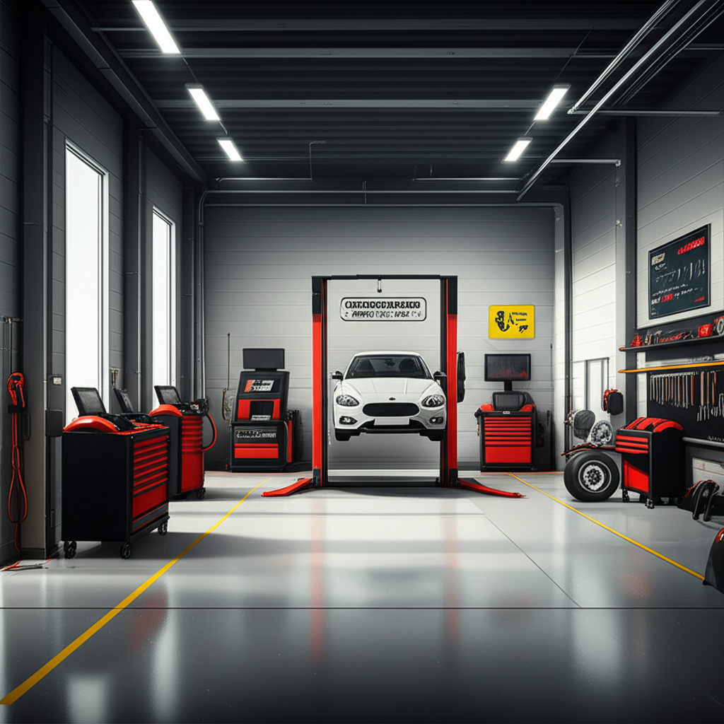 Intérieur moderne de l'atelier AutoExpert avec équipements professionnels